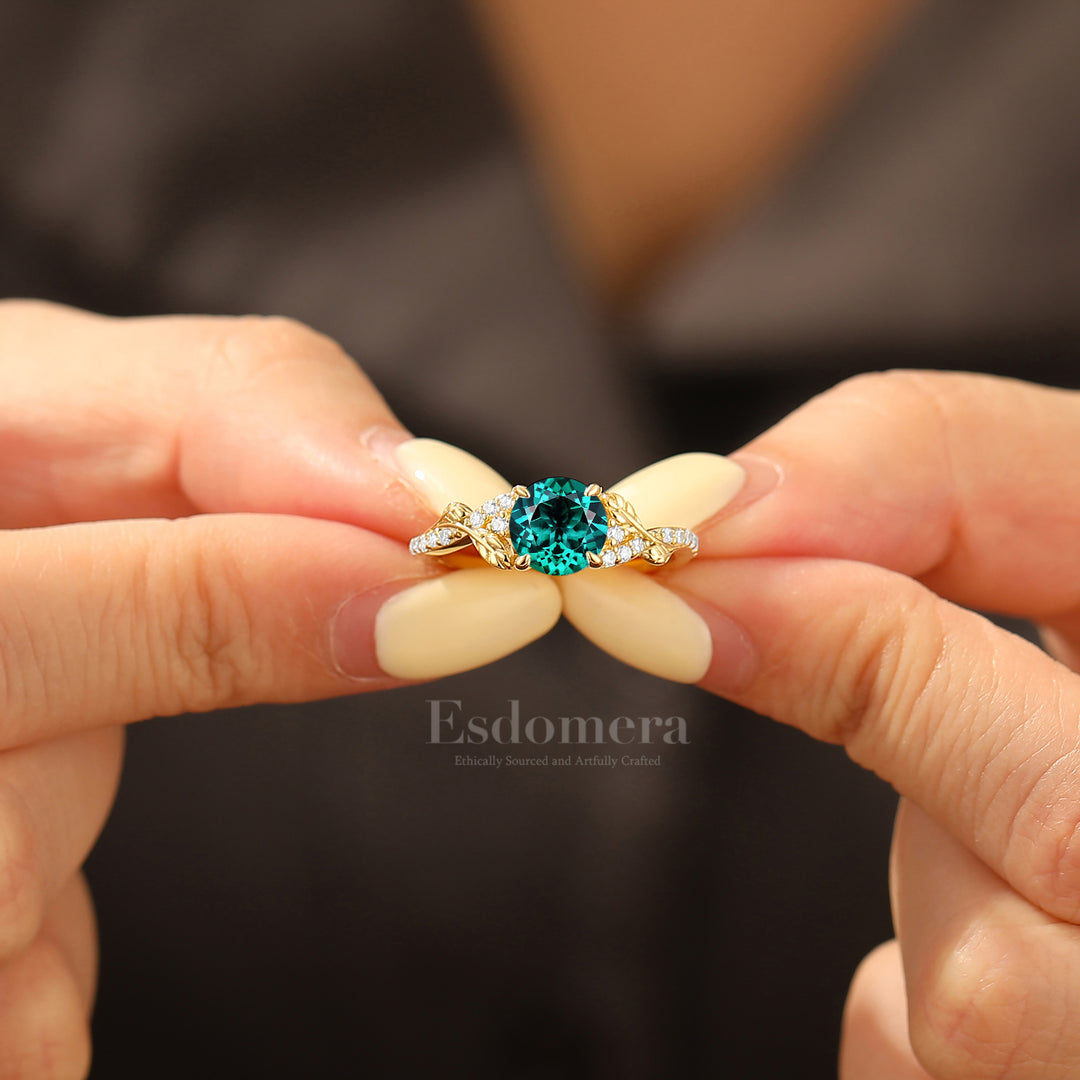 Twisted Vine Round Cut Emerald Bridal Ring Sparkling Pavé Accents Engagement Ring