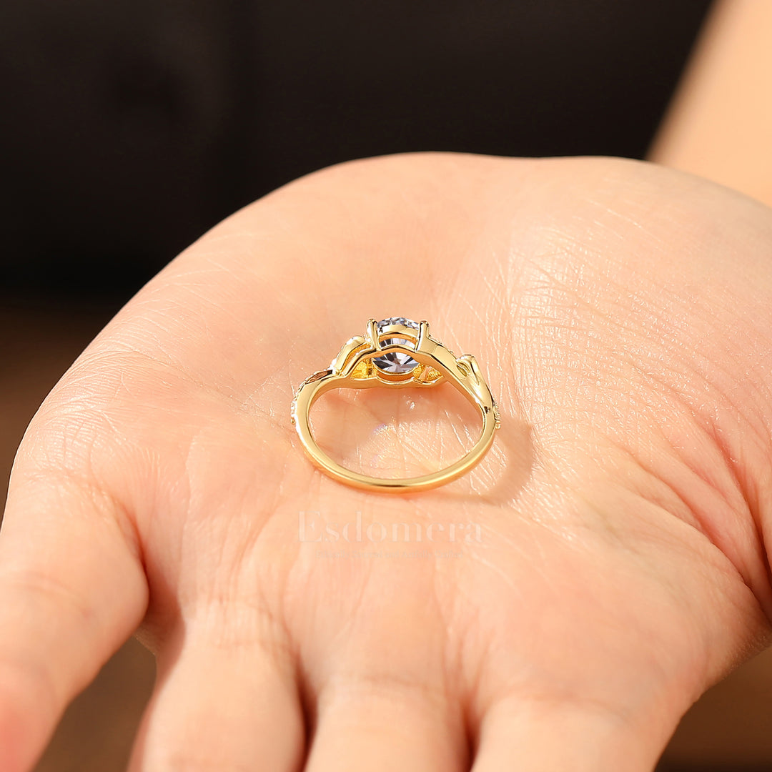 Noble Round Lab Grown Diamond Engagement Ring with Leaf Diamond Accent Band (IGI Certified)