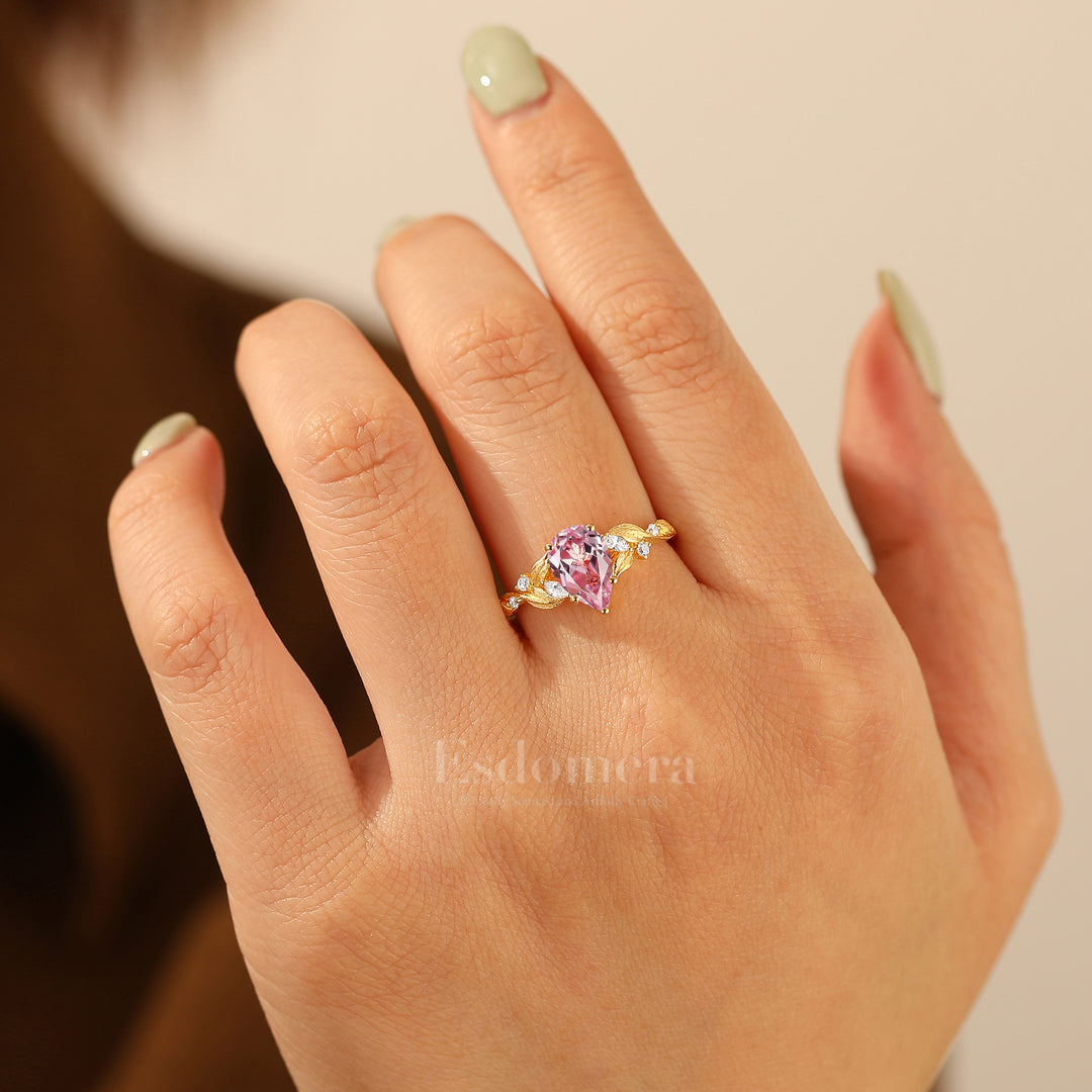 Vintage Pink Sapphire Promise Anniversary Bridal Ring Unique Leaf Design Women Ring