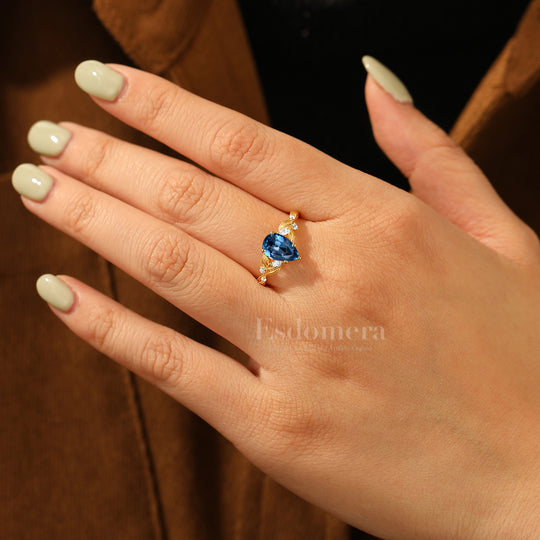 Baroque-inspired London Blue Topaz Engagement Ring Leaf Floral Design Women Ring