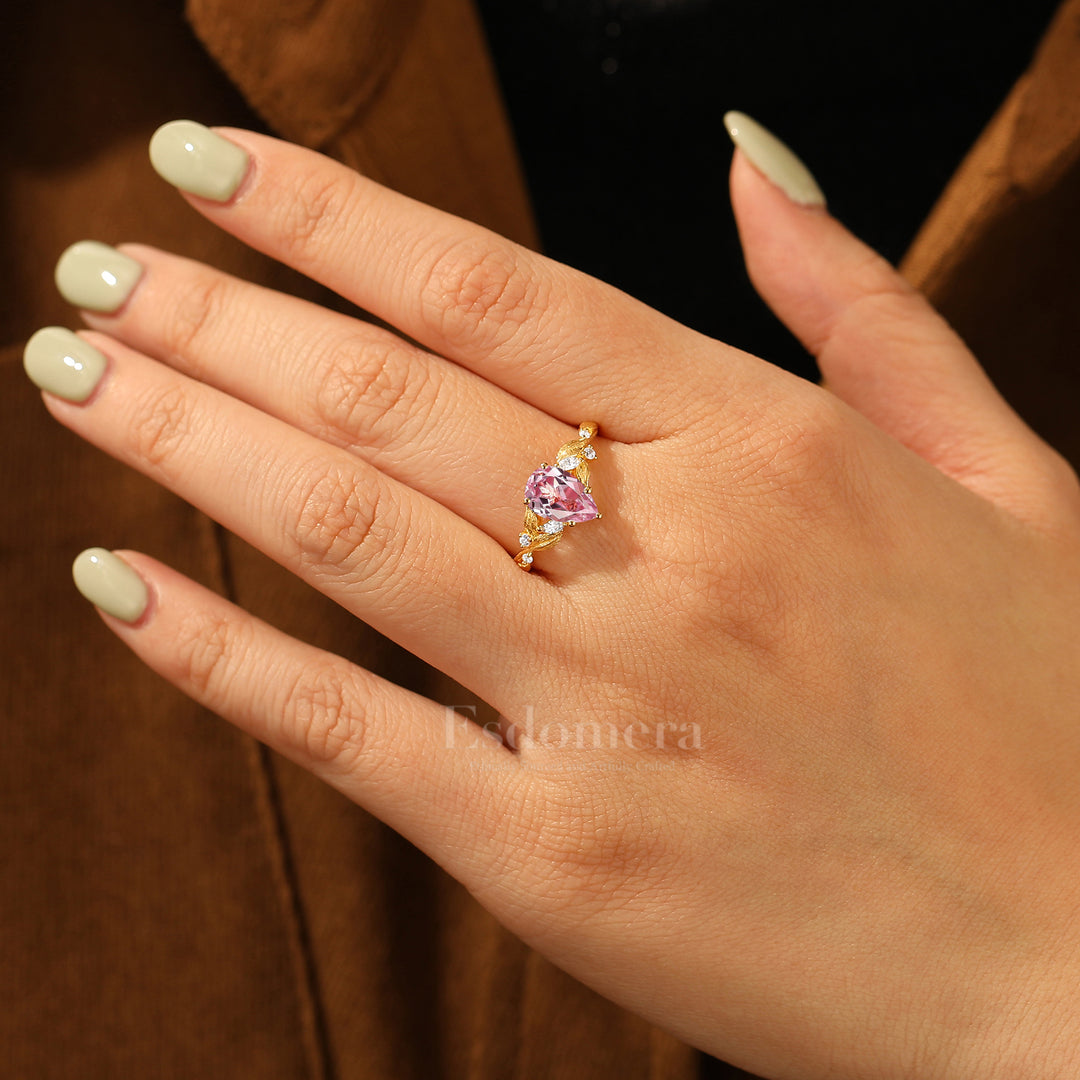 Vintage Pink Sapphire Promise Anniversary Bridal Ring Unique Leaf Design Women Ring