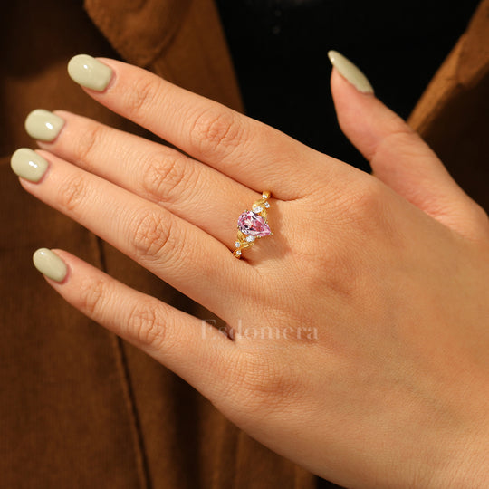 Vintage Pink Sapphire Promise Anniversary Bridal Ring Unique Leaf Design Women Ring