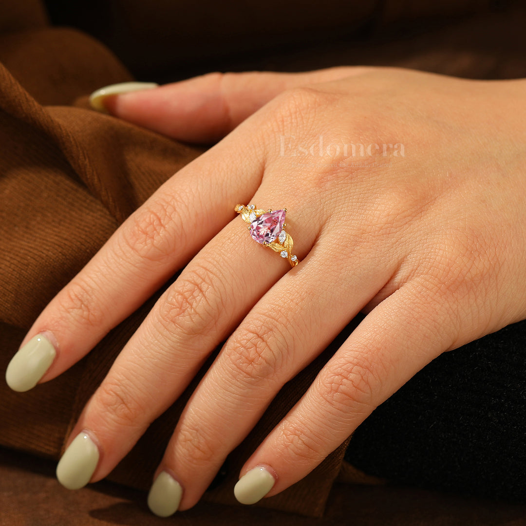 Vintage Pink Sapphire Promise Anniversary Bridal Ring Unique Leaf Design Women Ring