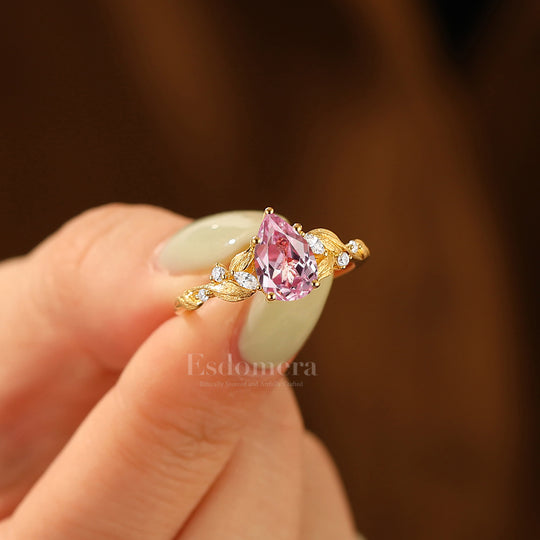 Vintage Pink Sapphire Promise Anniversary Bridal Ring Unique Leaf Design Women Ring