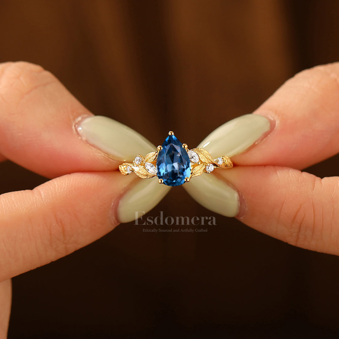 Baroque-inspired London Blue Topaz Engagement Ring Leaf Floral Design Women Ring