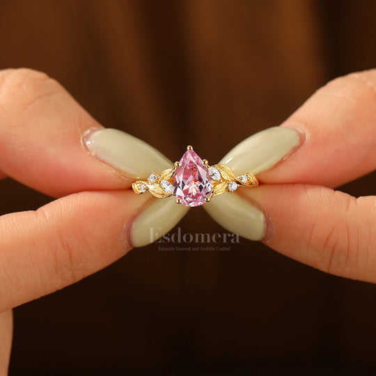 Vintage Pink Sapphire Promise Anniversary Bridal Ring Unique Leaf Design Women Ring