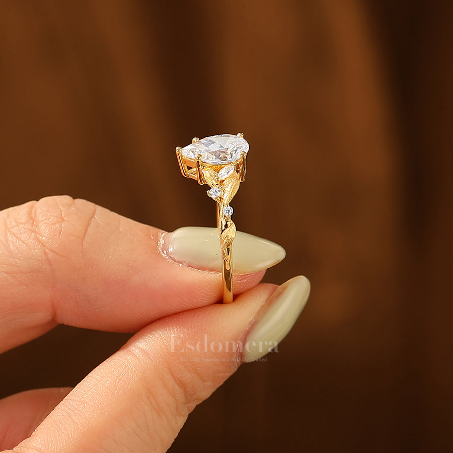 Pear Shape Moissanite Leaf Style Women Fine Ring Natural Inspired Solid Gold Engagement Ring