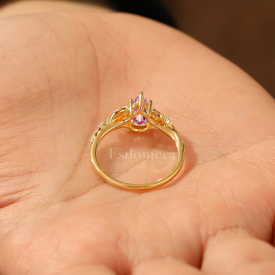 Vintage Pink Sapphire Promise Anniversary Bridal Ring Unique Leaf Design Women Ring
