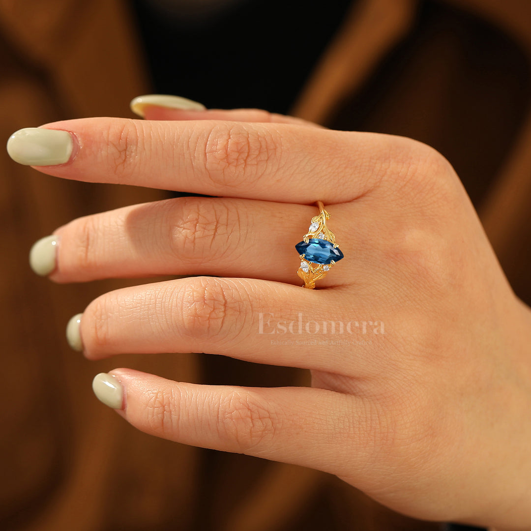 Leaf-inspired Marquise London Blue Topaz Women Ring 14K Gold Engagement Ring