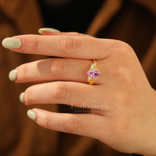 Sprig Design 1CT Marquise Pink Sapphire Engagement Ring Prongs Setting Bridal Anniversary Ring