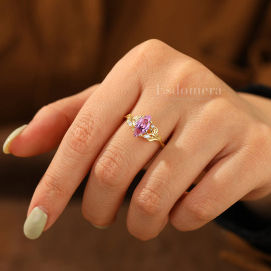 Sprig Design 1CT Marquise Pink Sapphire Engagement Ring Prongs Setting Bridal Anniversary Ring