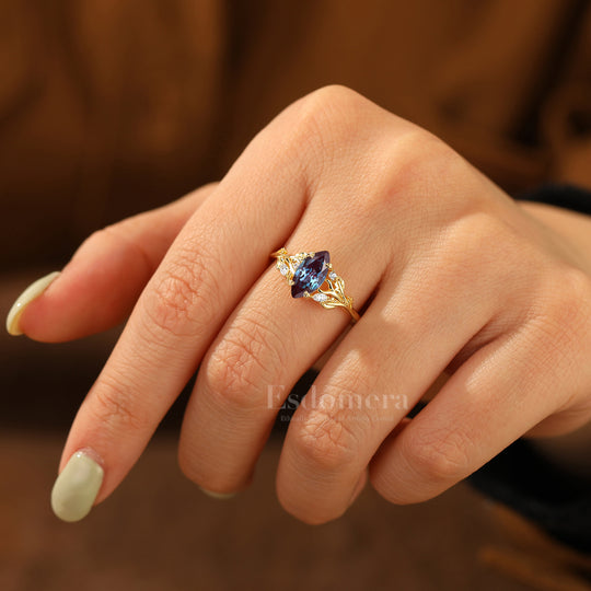 Artsy 1CT Marquise Cut Alexandrite Bridal Ring Leaf Design Solid Gold Women Fine Ring