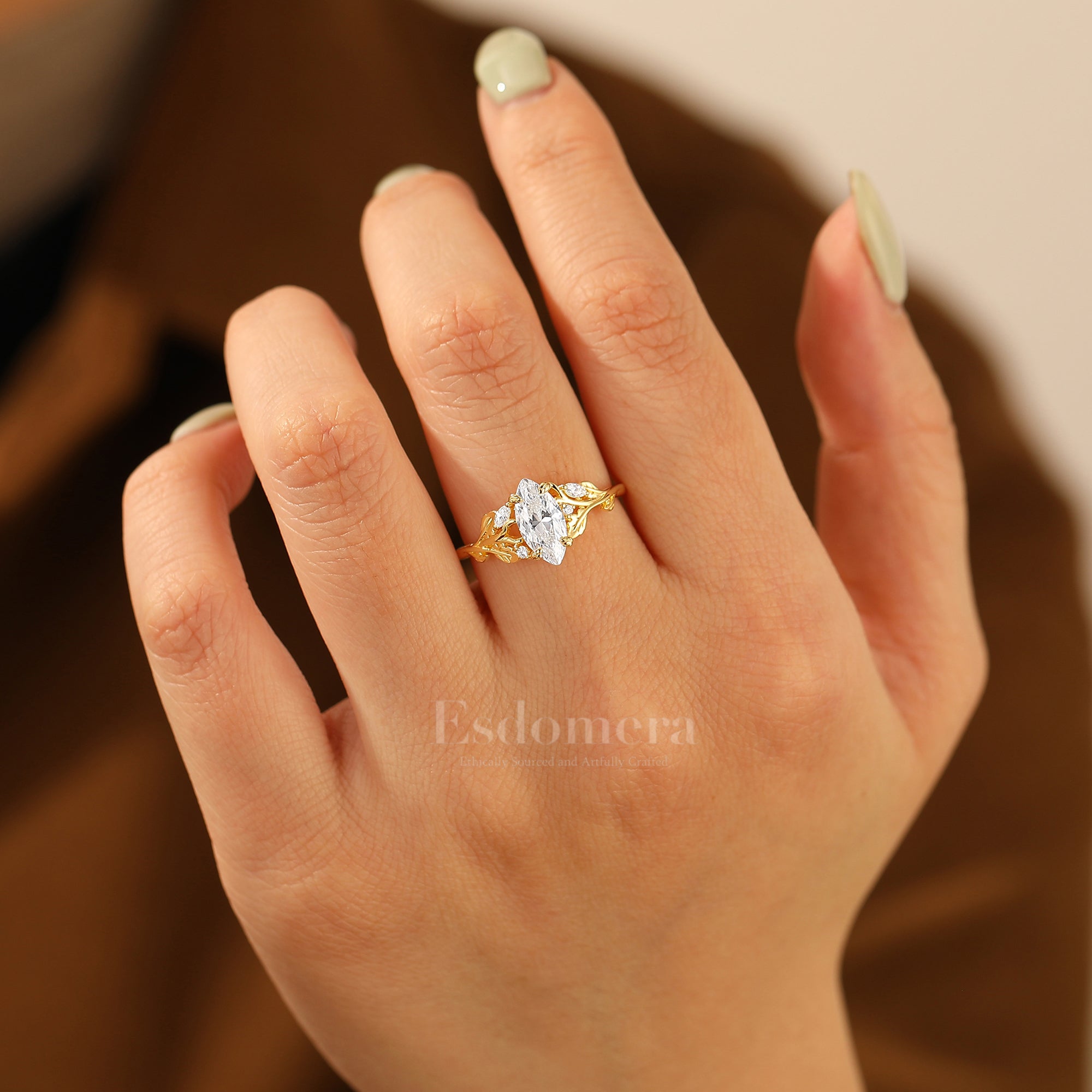 Art Deco Marquise Cut Moissanite Engagement Ring Sprig Style Solid