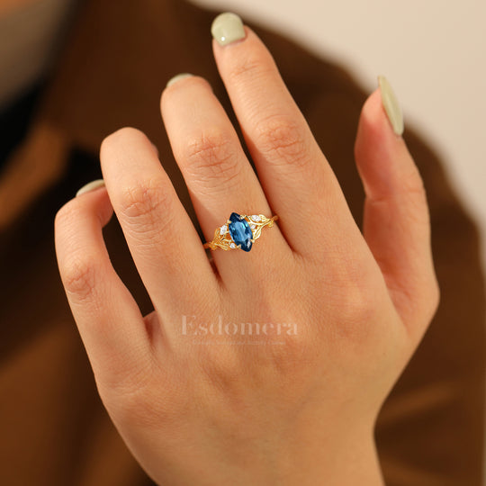 Leaf-inspired Marquise London Blue Topaz Women Ring 14K Gold Engagement Ring
