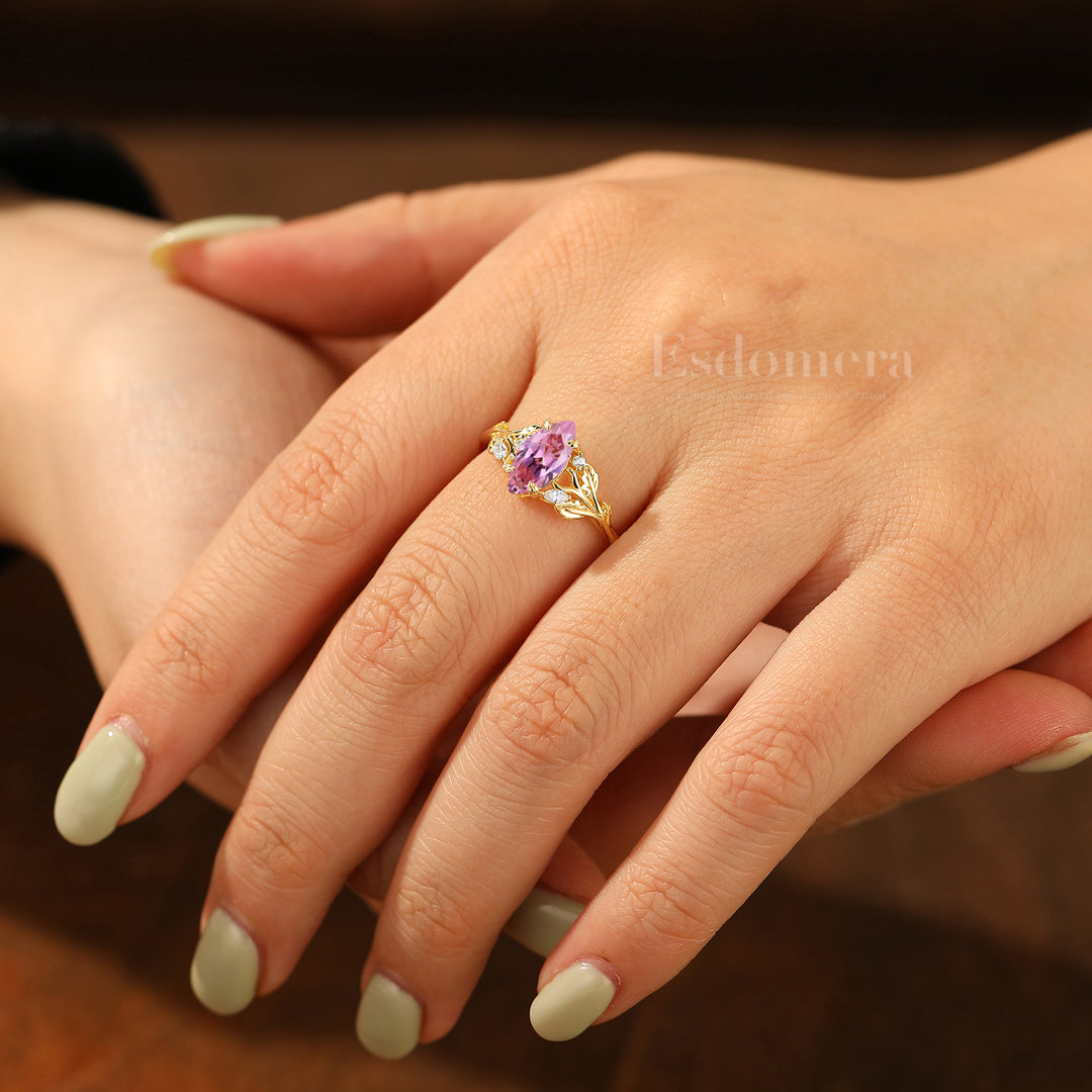 Sprig Design 1CT Marquise Pink Sapphire Engagement Ring Prongs Setting Bridal Anniversary Ring