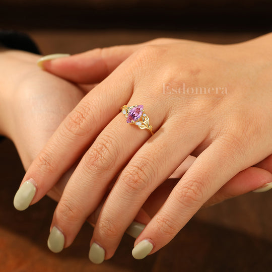 Sprig Design 1CT Marquise Pink Sapphire Engagement Ring Prongs Setting Bridal Anniversary Ring