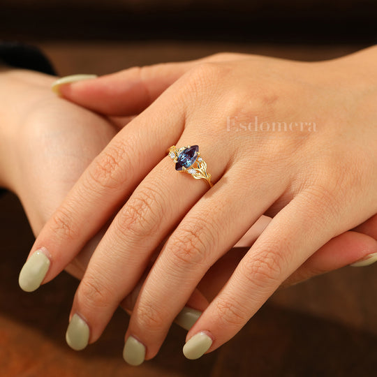 Artsy 1CT Marquise Cut Alexandrite Bridal Ring Leaf Design Solid Gold Women Fine Ring