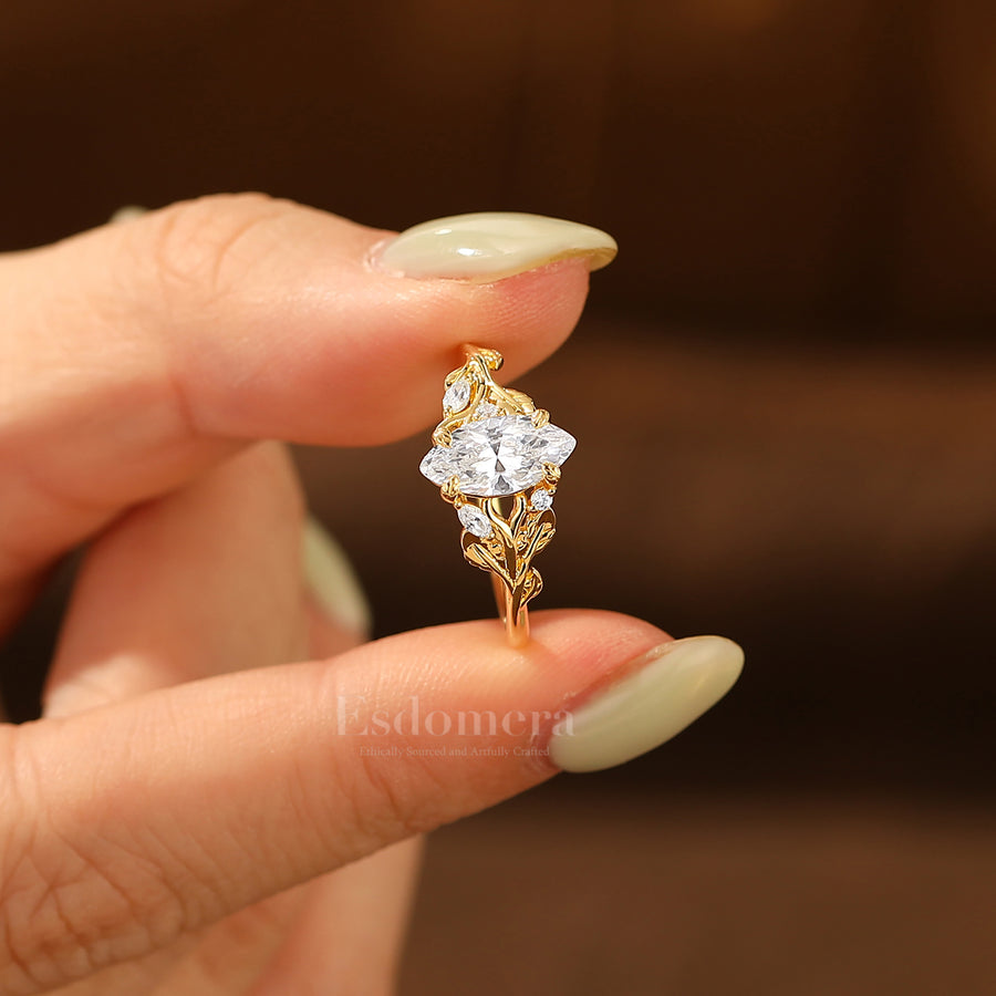 Art Deco Marquise Cut Moissanite Engagement Ring Sprig Style Solid Gold Ring Sterling Silver Ring For Her
