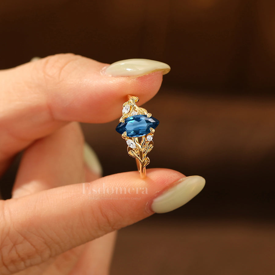 Leaf-inspired Marquise London Blue Topaz Women Ring 14K Gold Engagement Ring