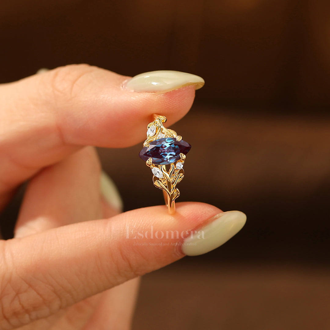 Artsy 1CT Marquise Cut Alexandrite Bridal Ring Leaf Design Solid Gold Women Fine Ring