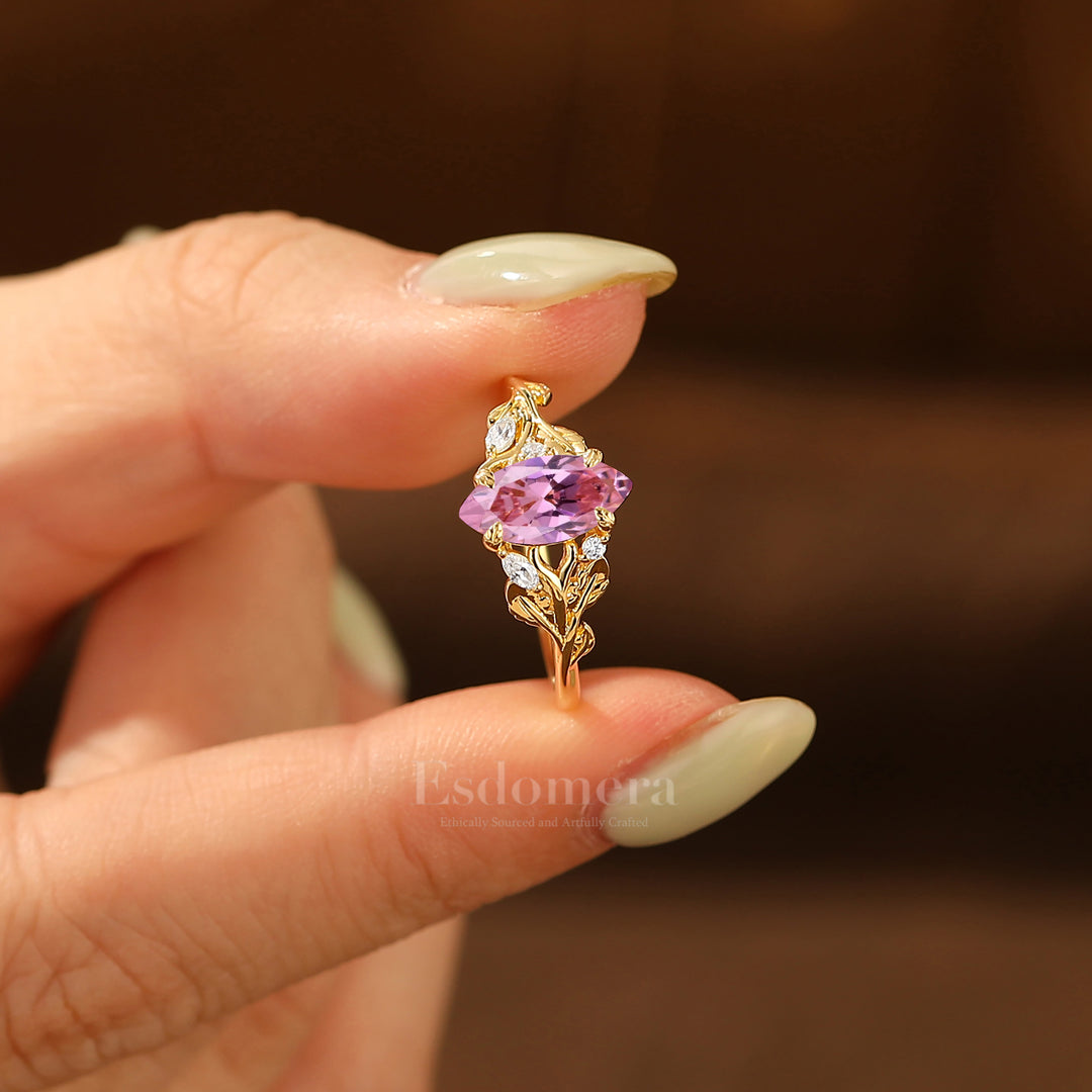 Sprig Design 1CT Marquise Pink Sapphire Engagement Ring Prongs Setting Bridal Anniversary Ring