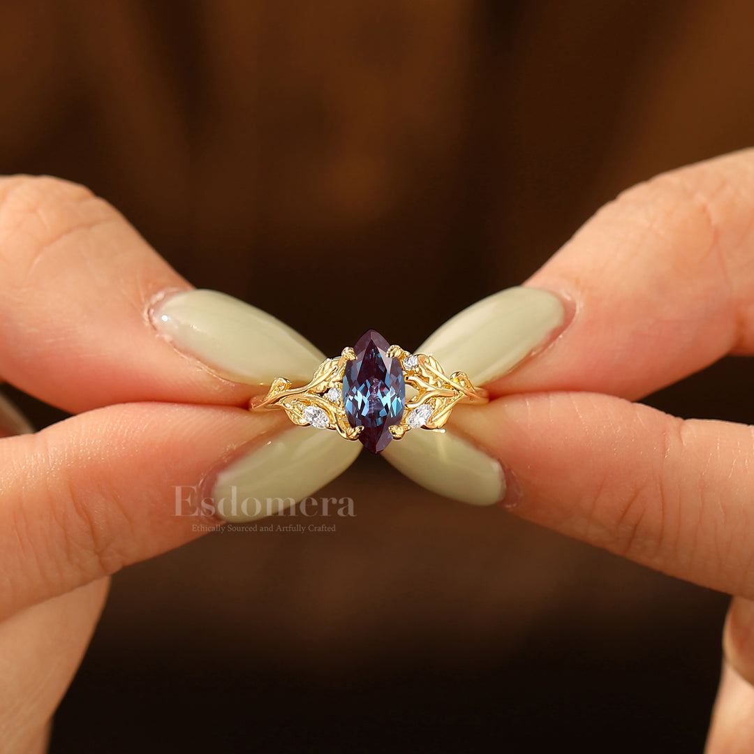 Artsy 1CT Marquise Cut Alexandrite Bridal Ring Leaf Design Solid Gold Women Fine Ring