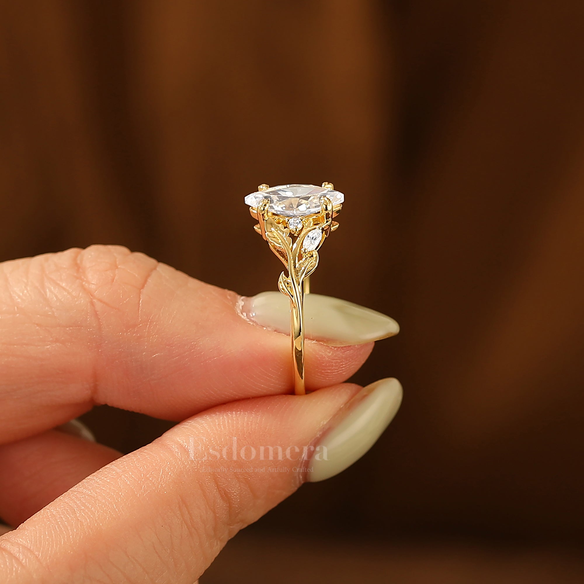 Art Deco Marquise Cut Moissanite Engagement Ring Sprig Style Solid