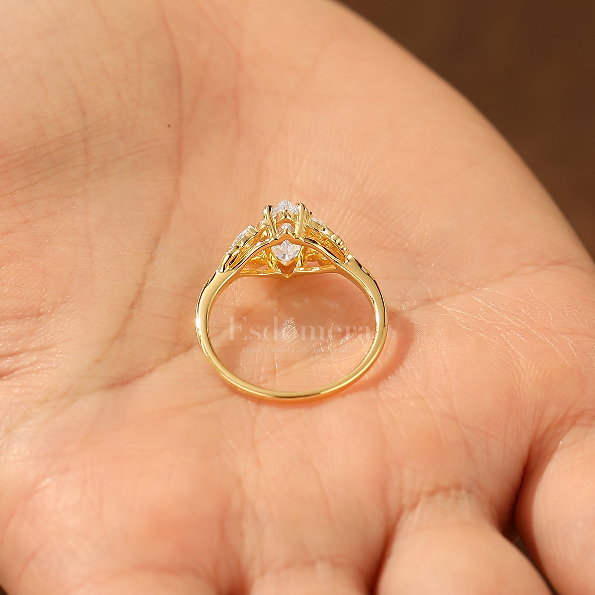 Art Deco Marquise Cut Moissanite Engagement Ring Sprig Style Solid