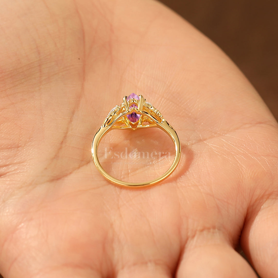 Sprig Design 1CT Marquise Pink Sapphire Engagement Ring Prongs Setting Bridal Anniversary Ring