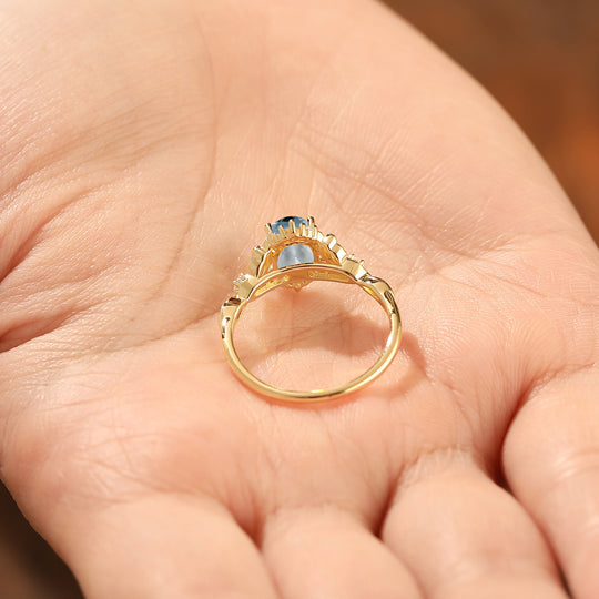 Barocco Anello di Fidanzamento con Foglia a Voluta e Acquamarina Pietre Brillanti di Accento Anello da Donna