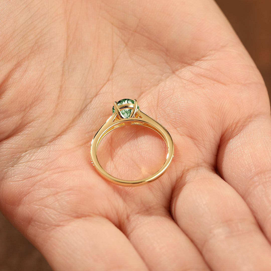 Vintage Inspired Engraved Vine 1CT Round Natural Moss Agate Women Ring Engagement Ring