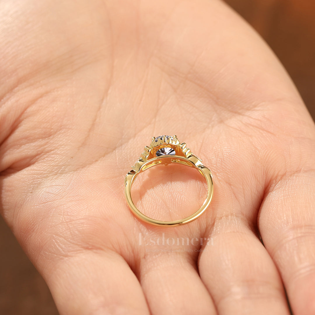 14K Bague Filigrane en Or Jaune 1 CT Diamant Synthétique pour Fiançailles Bague Gravée Florale pour Femme (Certifiée IGI)