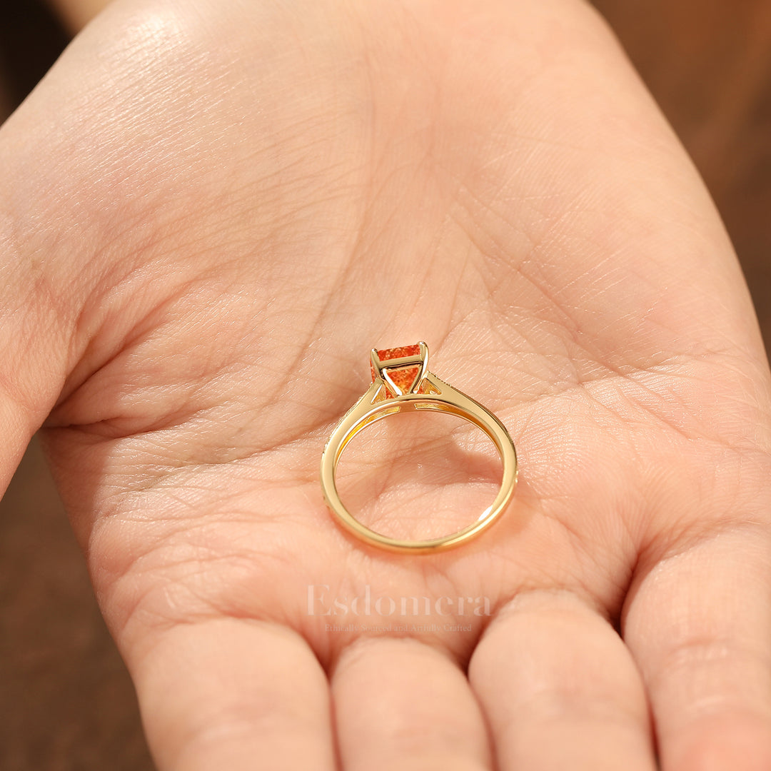 2CT Emerald Cut Sunstone Bridal Ring Yellow Gold Band Engraved Floral Wedding Ring For Women