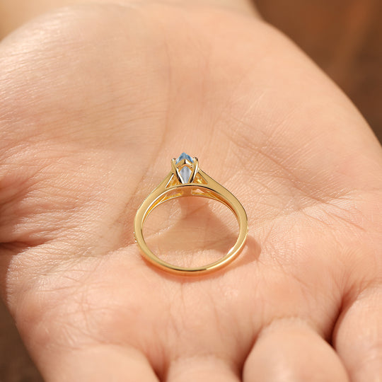 Vintage Split Shank Marquise Cut Aquamarine Engagement Ring Solid Yellow Gold Women Ring