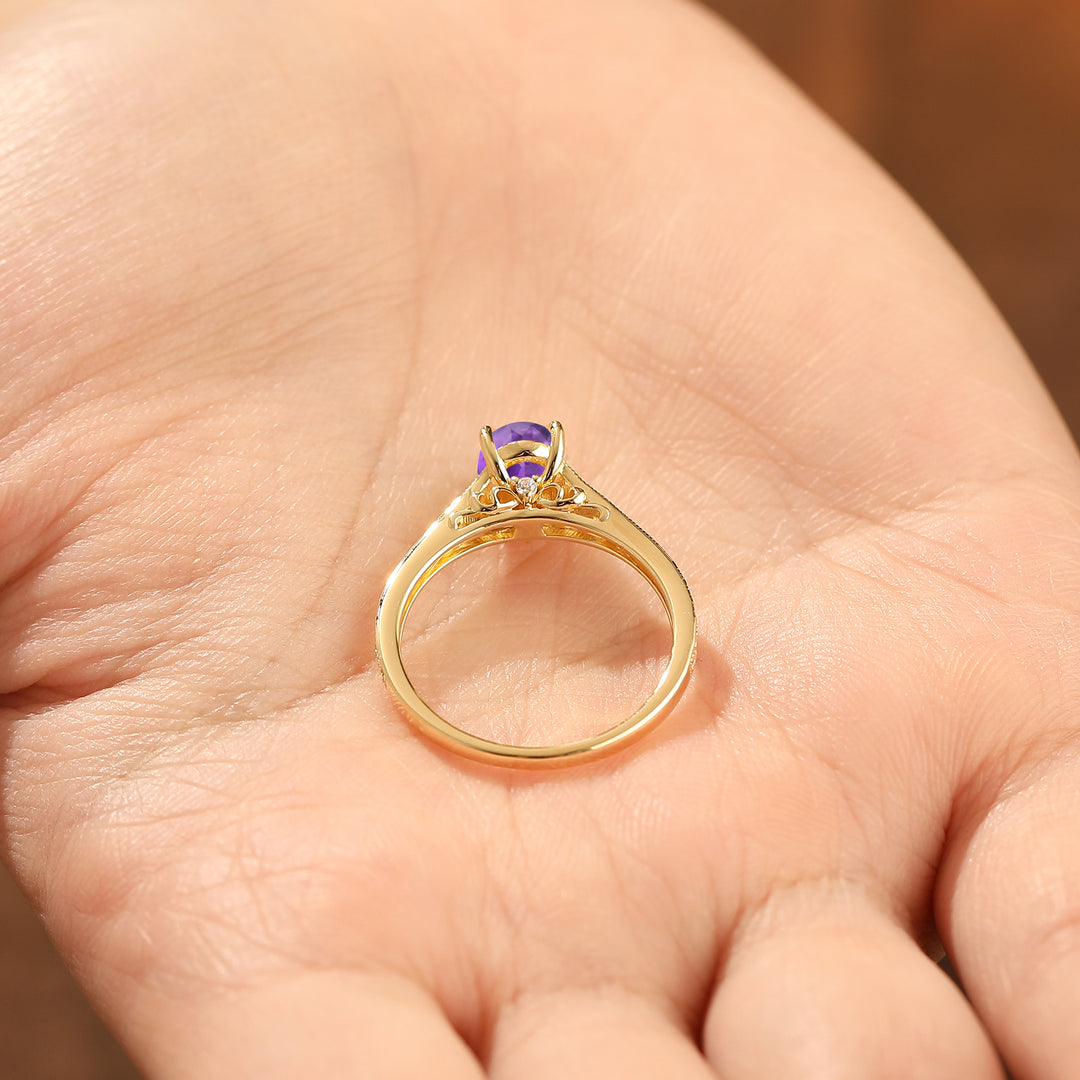 Oval Cut Amethyst Wedding Ring Filigree 14k Gold Women Ring Prong Setting Bridal Ring