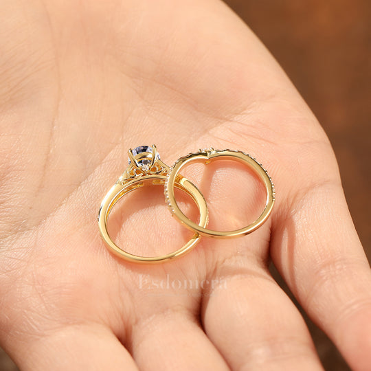 Antique Pear Cut Lab Grown Diamond 2pcs Wedding Ring Set Filigree Solid Yellow Gold Bridal Stacking Set (IGI Certified)