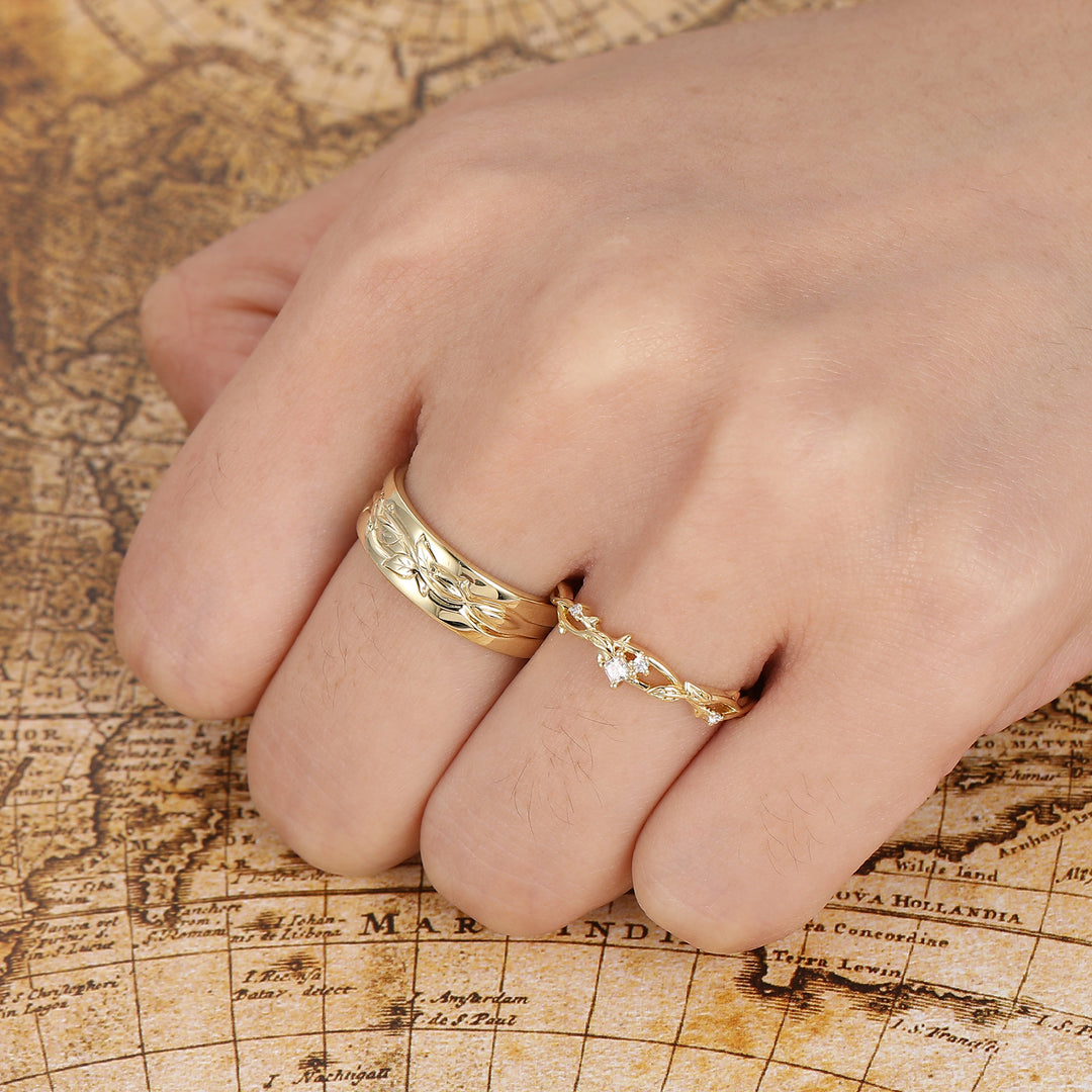 Juego de anillos de pareja con incrustación de 2 piezas de moissanita, anillo de compromiso con hoja, conjunto de anillos a juego de oro amarillo inspirado en la naturaleza