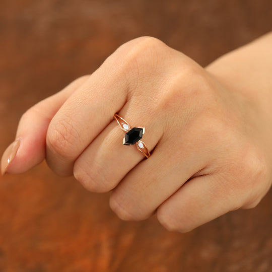 Bague de mariage vintage en onyx noir naturel taille hexagonale longue 1,1 CT en argent sterling