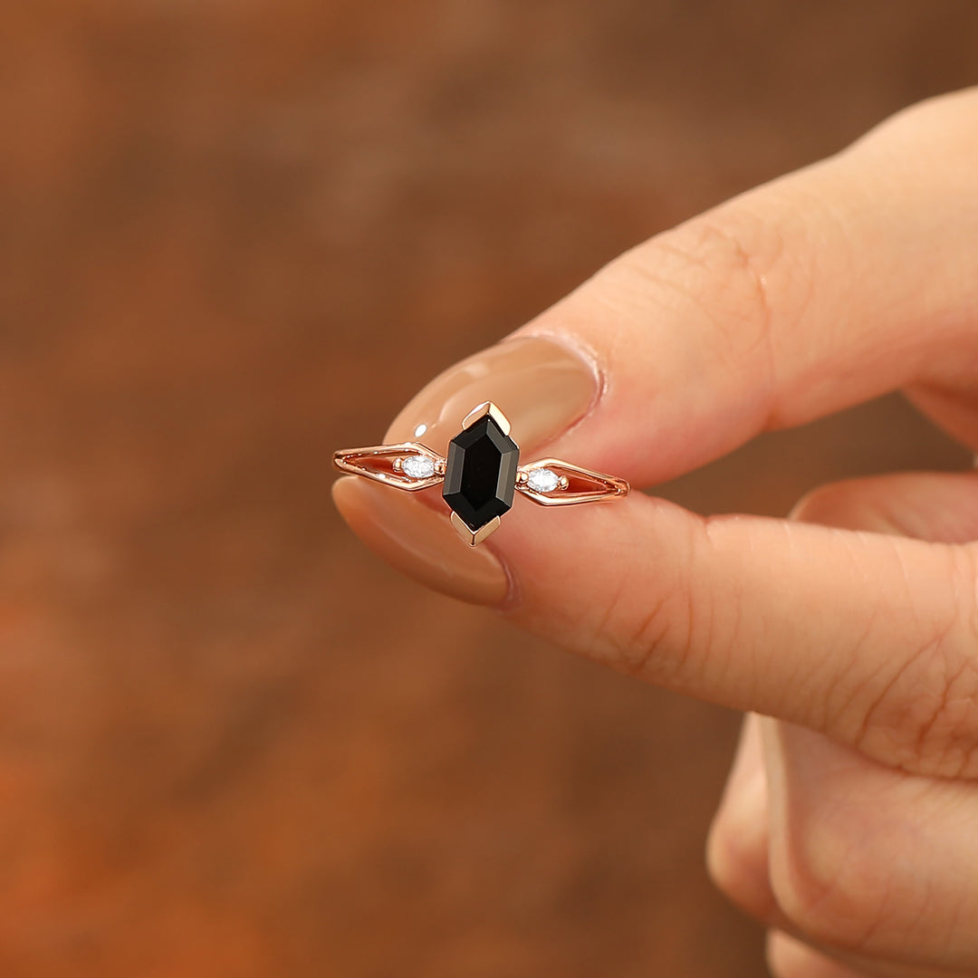 Bague de mariage vintage en onyx noir naturel taille hexagonale longue 1,1 CT en argent sterling