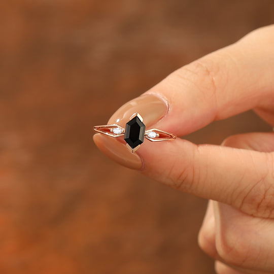 Bague de mariage vintage en onyx noir naturel taille hexagonale longue 1,1 CT en argent sterling