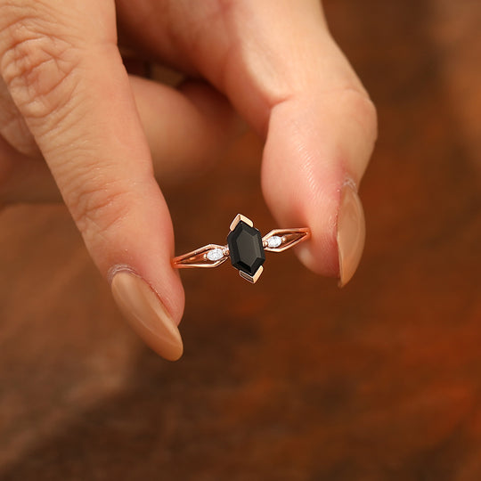 Bague de mariage vintage en onyx noir naturel taille hexagonale longue 1,1 CT en argent sterling