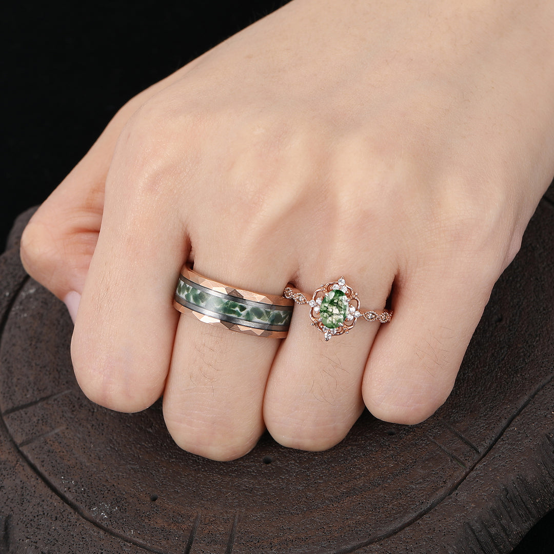 Antieke natuurlijke mosagaat bloemenring met bijpassende gehamerde wolfraam ringen – set voor koppels