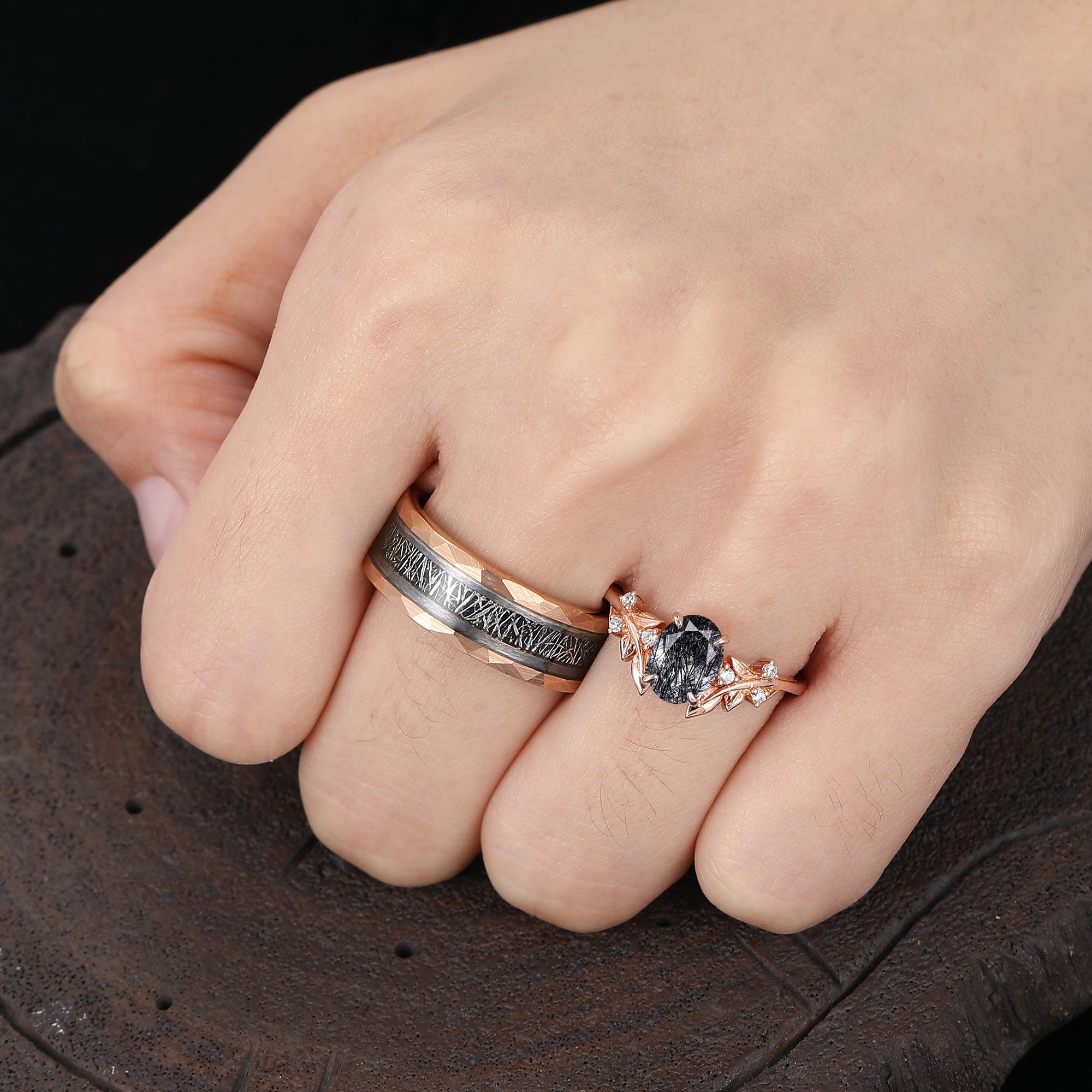 Black Rutilated Quartz Leaf Vine Couples Ring Set Matching Band For Me