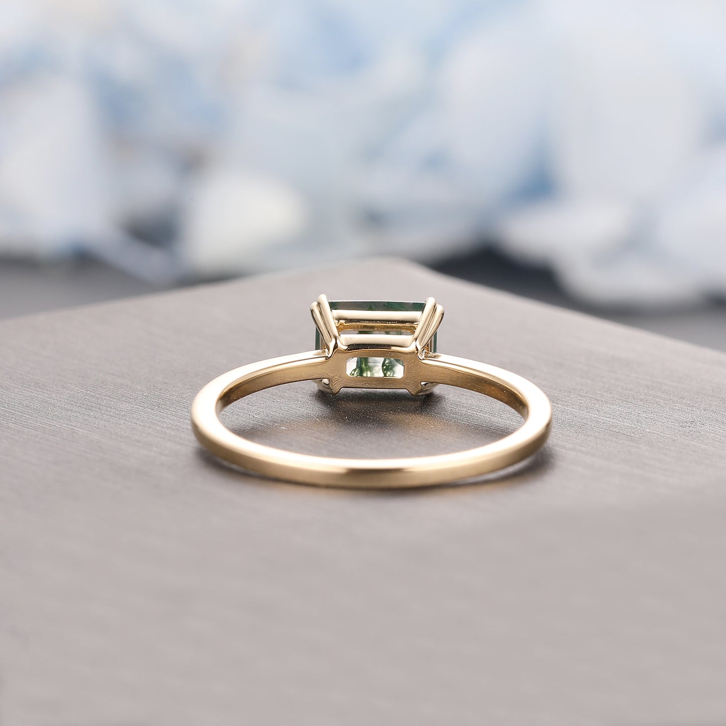 G001 Unique Design 1 Carat Emerald Cut Solitaire Moss Agate Engagement Ring In 14K Gold For Women