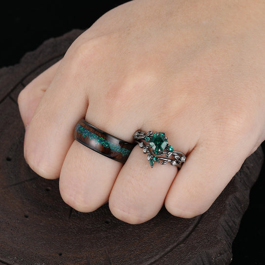 Unique Emerald Leaf Engagement Rings Set For Couples Personalized Green And Black Couples' Set -  Esdomera.com