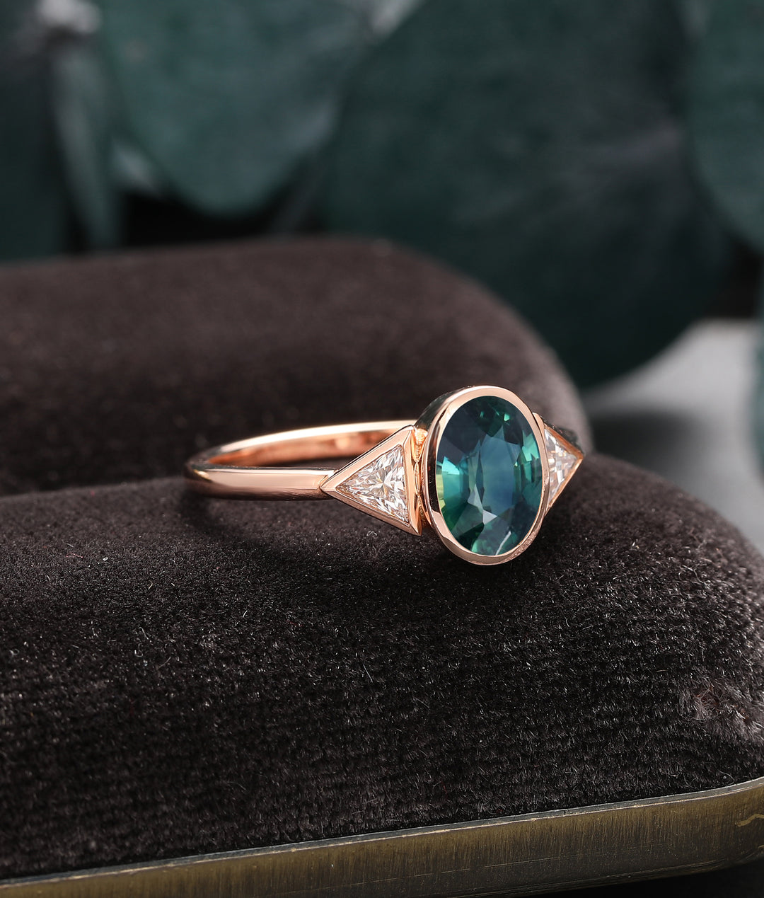 Antique Bezel Set Oval Teal Sapphire Engagement Ring, Triangle Moissanite Bridal Ring, Blue Green Sapphire Gold Ring