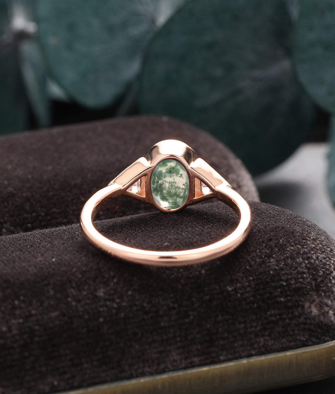 Bezel Set Oval Shaped Moss Agate Engagement Ring, Triangle Moissanite Anniversary Ring, Gift For Women
