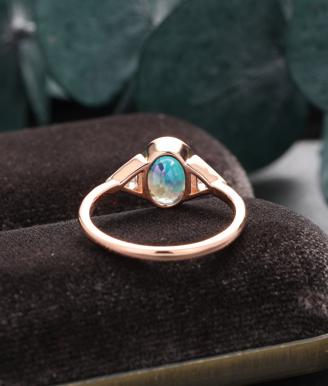 Antique Bezel Set Oval Teal Sapphire Engagement Ring, Triangle Moissanite Bridal Ring, Blue Green Sapphire Gold Ring