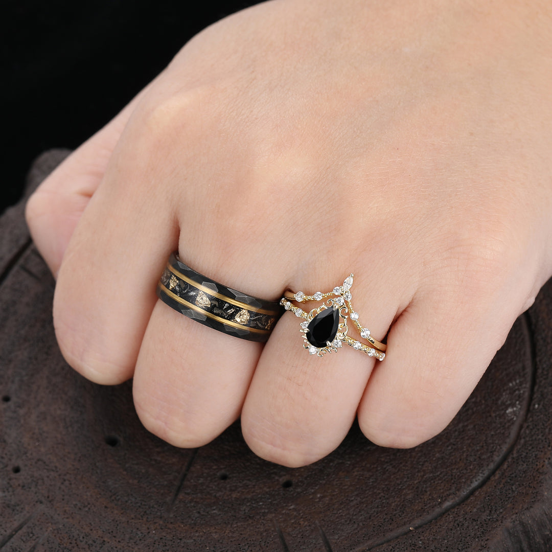 Handmade Pear Shape Black Onyx Filigreed Couple Rings Gold Plated His And Hers Rings