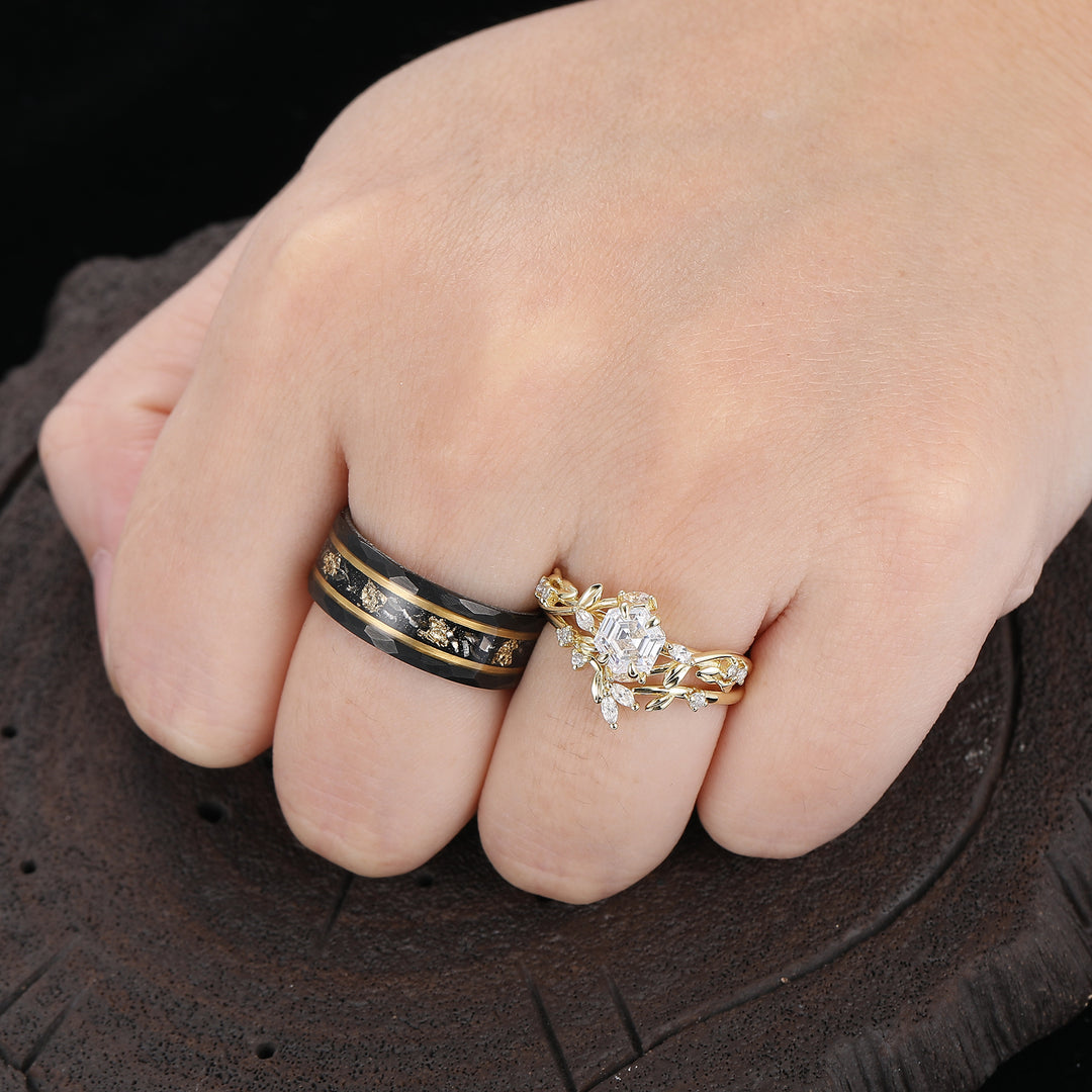 Prachtige takblad-moissaniet set voor koppels - bijpassende ringen in geelgoud, zilver en wolfraam